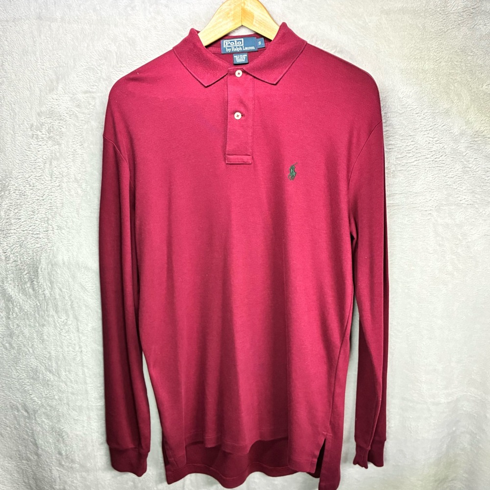 Polo Ralph Lauren Mens Long Sleeve Polo Shirt Burgundy Maroon Cotton Small